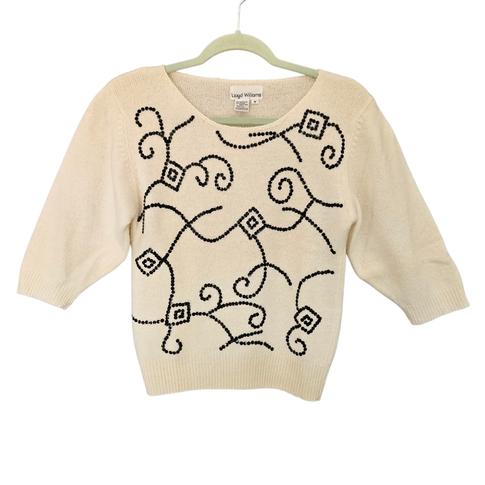 Lloyd Williams Vintage Sweater Lambswool Angora Sequins Geometric Short Sleeve M
